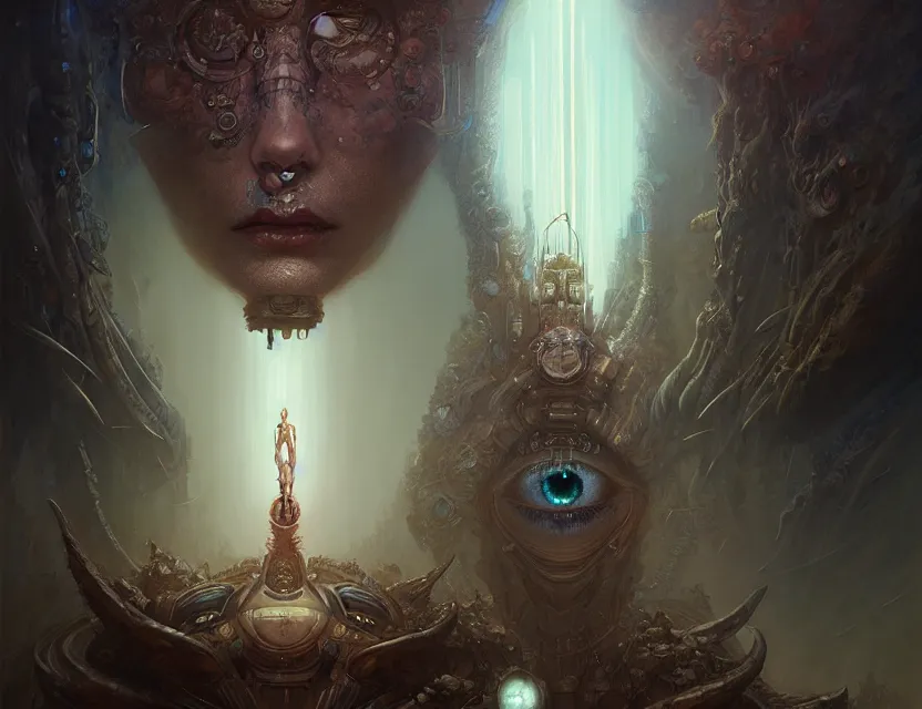 Image similar to inside a fractal of eyes fantasy character portrait, ultra realistic, wide angle, intricate details, blade runner artifacts, highly detailed by peter mohrbacher, boris vallejo, hajime sorayama aaron horkey, gaston bussiere, craig mullins