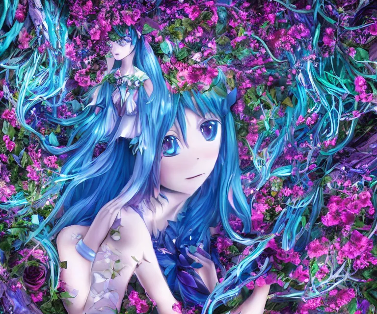 Image similar to 3 d anime magical goddess with long blue hair in a dress made of ivy and roses in a mythical forest, aurora borealis, roger magrini, leticia gillett, skeeva, nika maisuradze, billelis, christian behrendt, zigor samaniego, joannie leblanc