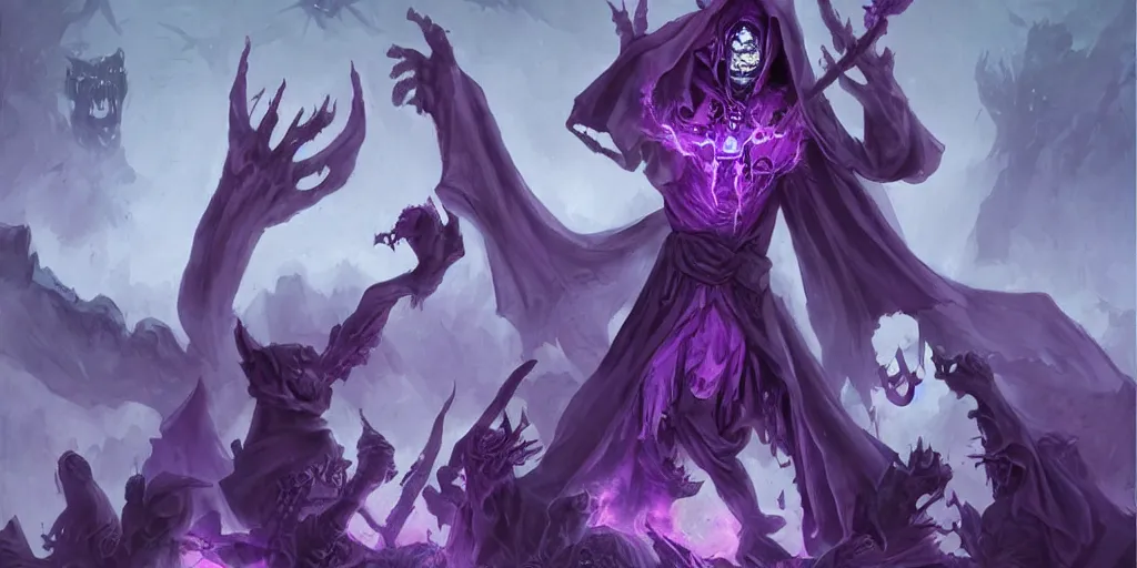 Prompt: cute purple cloaked lich summoning an undead army, epic fantasy illustration by Brom:5, cute:2, lich:-1