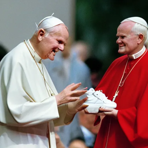 Image similar to john paul ii admiring a yeezy shoe sneaker which he holds in his hands