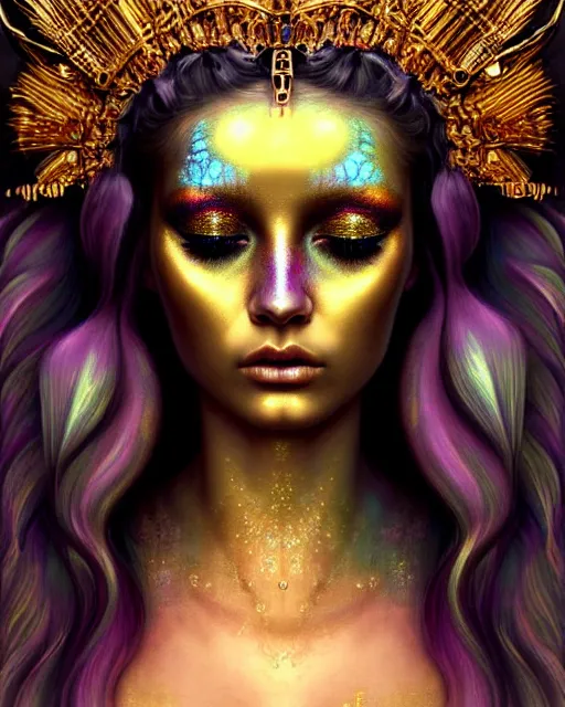 Image similar to hyperrealistic detailed portrait of a beautiful goddess in an iridescent - gold ornamental headdress, intricate cyberpunk make - up, golden face tattoos, art by android jones, john william godward, nekro borja, gothic - cyberpunk, beautiful deep colours,