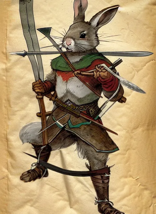 Image similar to a heroic rabbit archer with sword and shield on a parchment background, redwall, greg rutowski and jean baptiste monge, detailed, epic fantasy concept art