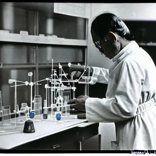 Prompt: color photography of jesus in a university chemistry lab by hisaji hara