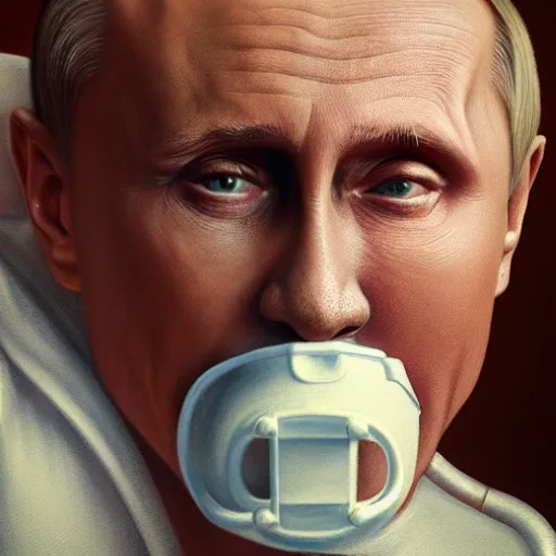 Prompt: hyperrealistic painting of very ill Vladimir Putin wearing an oxygen mask on a death bed inhaling white clubs of smoke from Copium tank, dimly lit hospital room, d&d, stunning 3d render inspired art by Tim Okamura and Lise Deharme + perfect facial symmetry + dim volumetric lighting, 8k octane beautifully detailed render, post-processing, extremely hyperdetailed, intricate, epic composition, grim yet sparkling atmosphere, cinematic lighting + masterpiece, trending on artstation, very very detailed, masterpiece, stunning