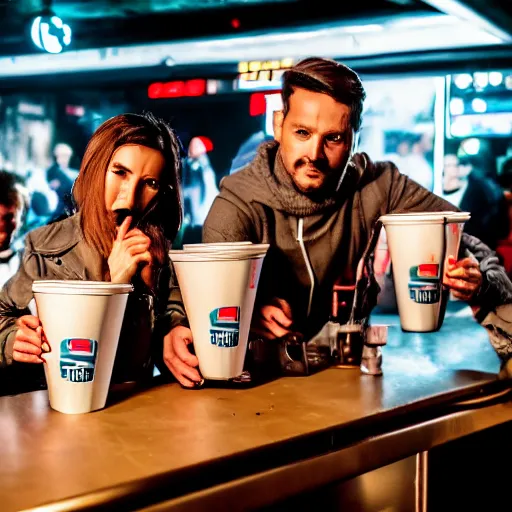 Image similar to photograph of retro techwear people with solo cups loitering near the bar of a packed busy rundown nightclub, retrofuturism, brutalism, cyberpunk, sigma 85mm f/1.4, 35mm, 4k, depth of field, high resolution, 4k, 8k, hd, highly detailed, full color