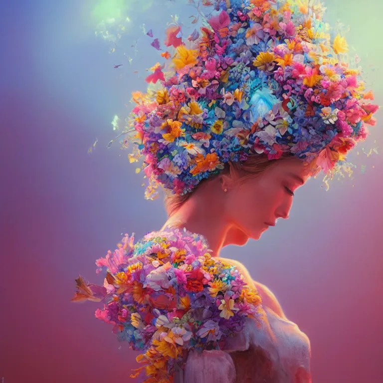 Image similar to a beautiful oil painting hyperrealism of a beautiful woman, flowers, floral headdress, 8 k resolution, octane render, trending on artstation, by gediminas pranckevicius, volumetric light 2 blue fractal thunder glow by dan mumford, anaglyph effect, laurie lipton