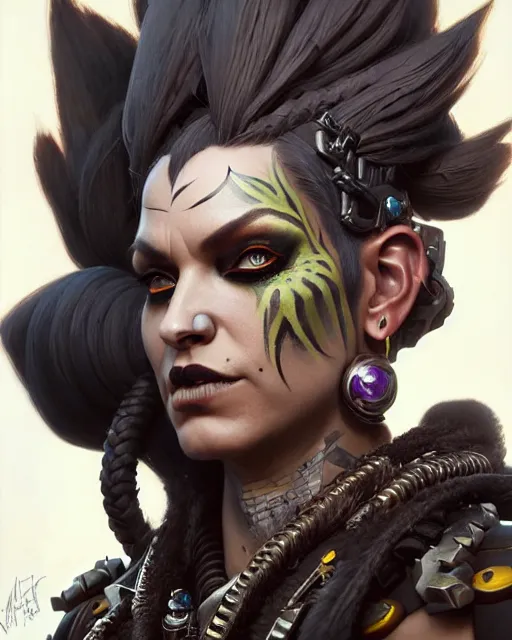 Prompt: junker queen from overwatch, face paint, braids, dark hair, mohawk, character portrait, portrait, close up, concept art, intricate details, highly detailed by greg rutkowski, michael whelan and gustave dore