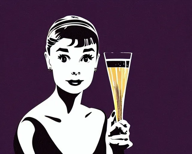 Image similar to teenage audrey hepburn in art deco style, champagne commercial, artstation, illustration, bright, cheerful, detailed and intricate environment