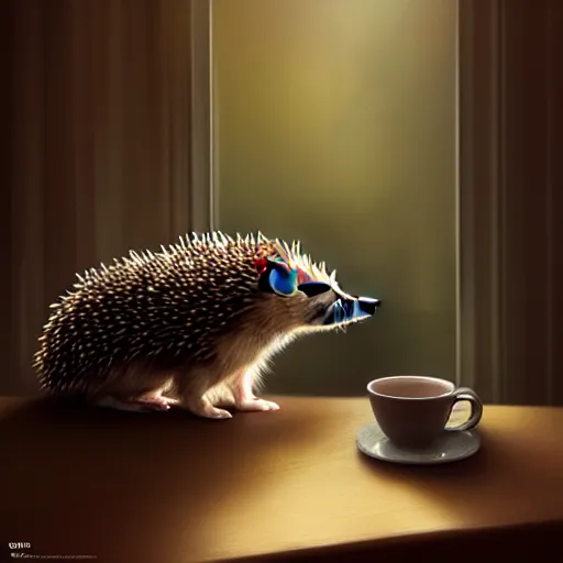 Image similar to photorealistic render of a hedgehog drinking coffee in the morning, by wlop, artgerm, greg rutkowski, alphonse mucha, beautiful dynamic dramatic dark moody lighting, shadows, cinematic atmosphere, artstation, concept design art, octane render, 8 k