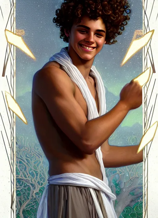 Image similar to portrait of teenage zeus, greek, short curly copper hair, smiling mischievously, wearing a white sash, olive tree, intricate, elegant, lightning bolt, glowing lights, highly detailed, digital painting, artstation, concept art, smooth, sharp focus, illustration, art by wlop, mucha, artgerm, and greg rutkowski