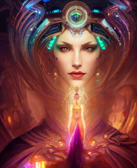 Image similar to a whirlwind of souls rushing inside the metaverse, half body, glowin eyes, tiara with sapphire, pharaoh, android, cyberpunk, d & d, fantasy, intricate, elegant, highly detailed, colorful, vivid color, digital painting, artstation, concept art, art by artgerm and greg rutkowski and alphonse mucha and ruan jia