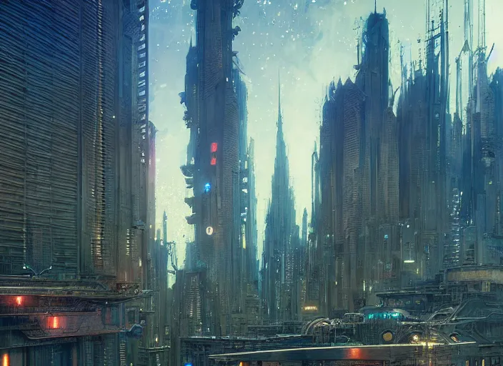 Prompt: scifi city architecture, no blur, 4 k resolution, ultra detailed, style of carlos schwabe, dariusz zawadzki, tom bagshaw, tom bagshaw, ismail inceoglu, robert mccall