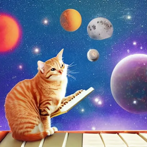 Prompt: a cat playing a piano in space