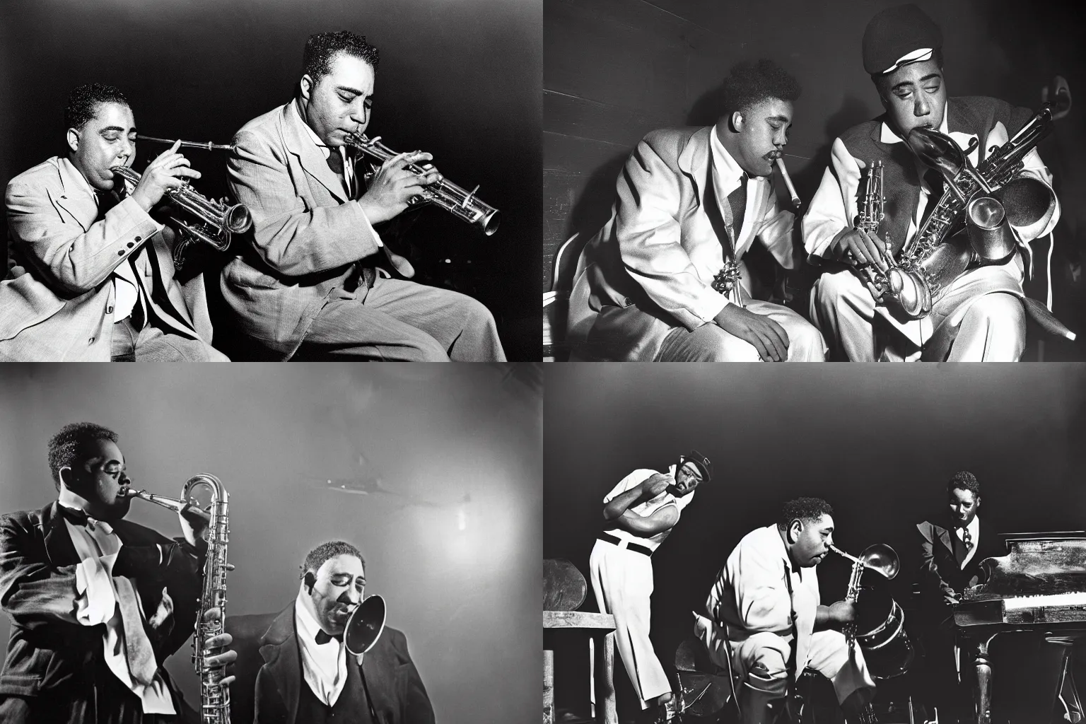 Prompt: Charlie Parker and Dizzy Gillespie on stage playing bebop in a jHarlem nightclub in 1949, smoky atmospheric photograph by Herman Leonard