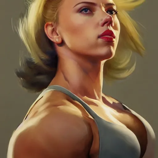 Prompt: greg manchess portrait of scarlett johansson as roided thick very muscular weightlifter zarya from overwatch with short blond hair and ponytail, fantasy, medium shot, asymmetrical, profile picture, organic painting, sunny day, matte painting, bold shapes, hard edges, street art, trending on artstation, by huang guangjian and gil elvgren and sachin teng