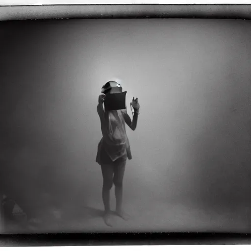 Image similar to an ancient demon-girl using a VR headset, mist , 1910 Polaroid photo, Black and white