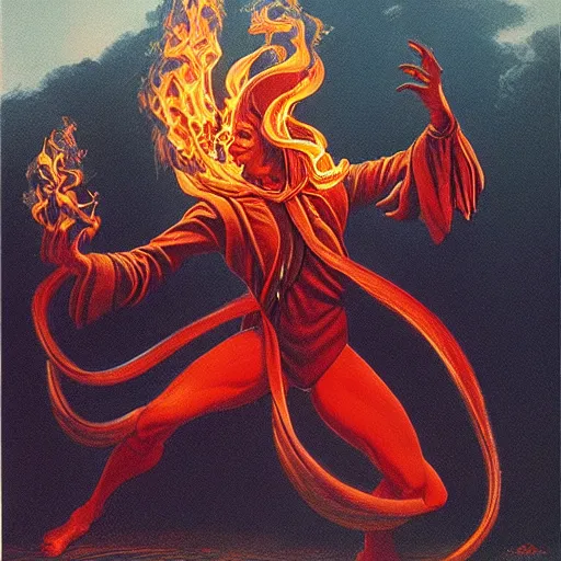 Prompt: fire in the shape of a person dancing, the whispy smoke, fantasy, dnd, illustrated by michael whelan