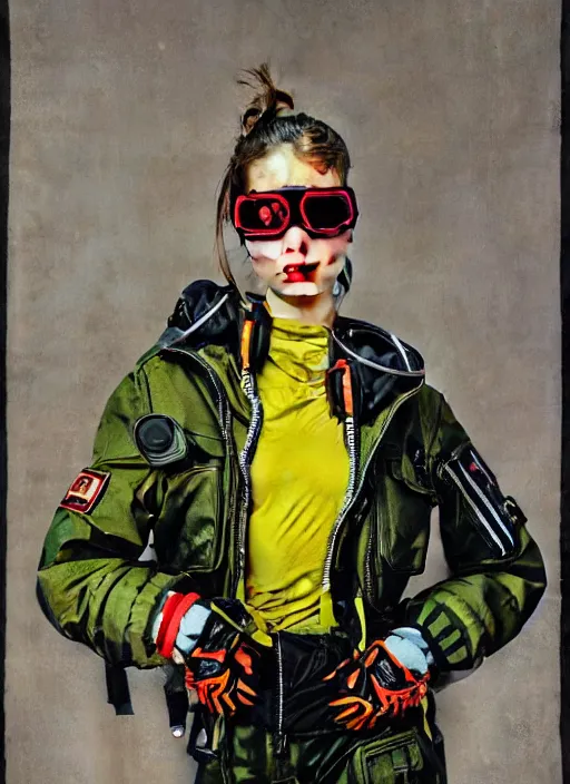 Prompt: a portrait of a russian girl detailed features wearing a cargo pilot suit neon brights, utility chic, sheer fabrics, zippers, belts & velcro galore, goggles, big techno watches, cargo pants, designed by balenciaga by norman rockwell