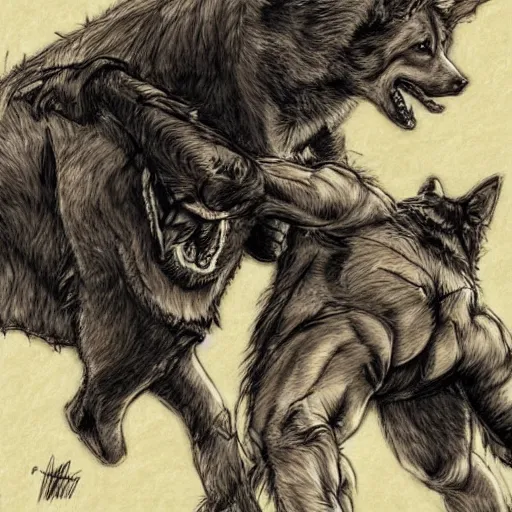 Image similar to a humanoid german shepherd beast - man wrestling with another german shepherd in the middle of an arena, pencil art, added detail, high definiton, colored, aerial viewyoji shinkawa