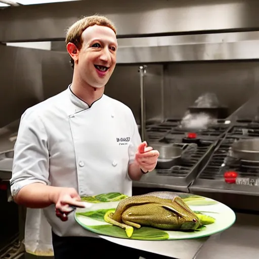 Image similar to mark zuckerberg as a chef offering you a live frog on a plate