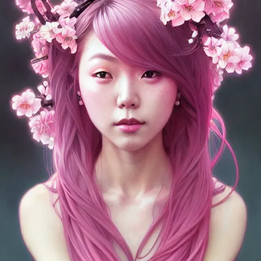 Image similar to Portrait of japanese gyaru, D&D, dark fantasy, pink hair, sakura blooming on background, intricate, elegant, highly detailed, digital painting, artstation, concept art, smooth, sharp focus, illustration, art by artgerm and greg rutkowski and alphonse mucha