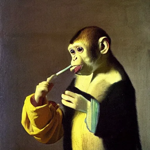 Prompt: Monkey smoking a Cuban cigar, oil on canvas, by Johannes Vermeer