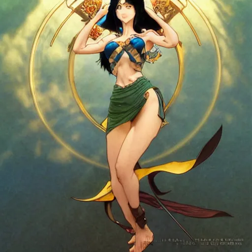 Image similar to highly detailed vfx portrait of nico robin by eiichiro oda, makoto shinkai, alphonse mucha, sharp focus, art by artgerm and greg rutkowski!, backlit, harsh overhead sunlight, blue eyes, stanley kybric, yusuke murata, hiroya oku, pixiv, fanbox,