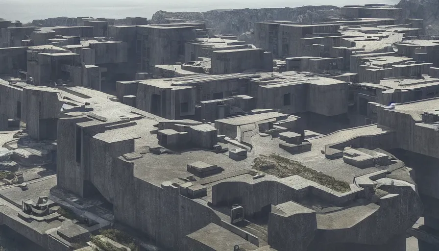 Prompt: big brutalist imperial military base on cliffs, drawing architecture, imperial architecture in rogue one, pritzker architecture prize, brutalism architecture, cinematic shot, by greig fraser, by emmanuel lubezki, robert richardson, hoyte van hoytema, roger deankins, janusz kaminski, alejandro inarritu