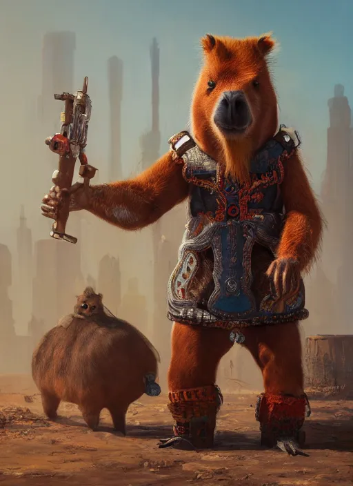 Image similar to detailed full body concept art illustration oil painting of an anthropomorphic capybara cowboy in full intricate clothing, biomutant, ultra detailed, digital art, octane render