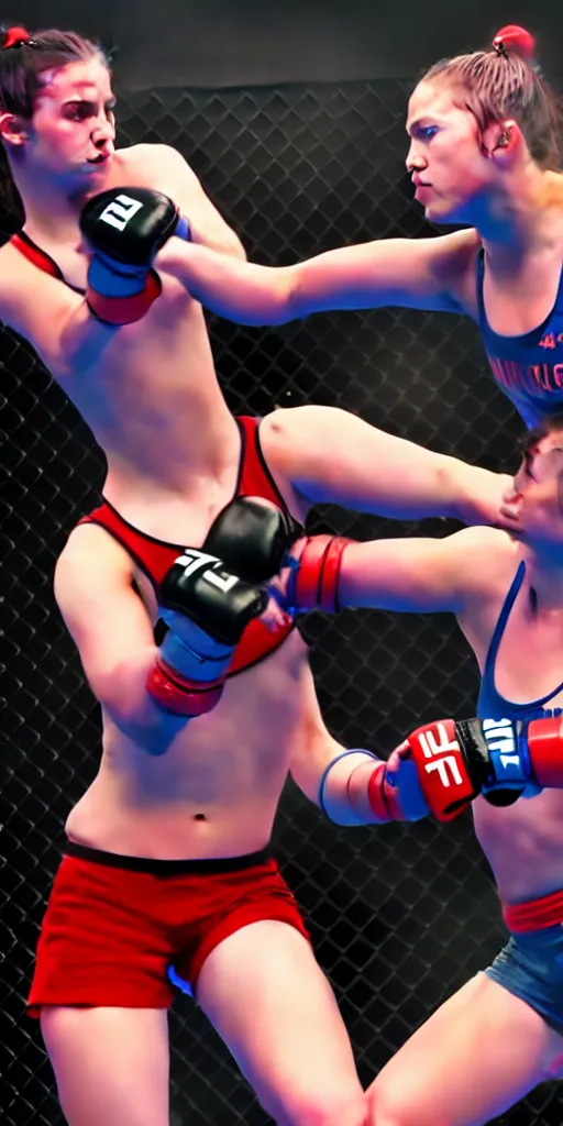 Image similar to two girls fighting mma, hyperrealistic painting, detailed, 4 k resolution, unreal engine