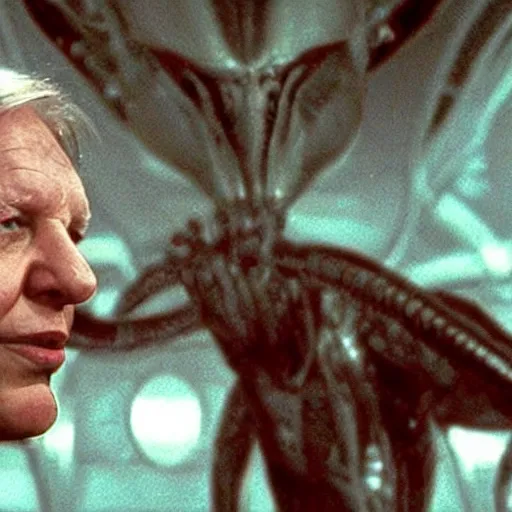 Image similar to cinematic still of sir david attenborough watching a xenomorph from the distance in 1 9 7 9 movie alien, hd, 4 k