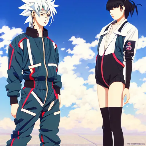 Image similar to a beautiful androgoynous anime boy gravure model, wearing oversized mayan bomber jacket and leotard with overalls, bulky poofy bomber jacket with mayan patterns, aztec street fashion, gapmoe yandere grimdark, trending on pixiv fanbox, painted by greg rutkowski makoto shinkai takashi takeuchi studio ghibli, akihiko yoshida