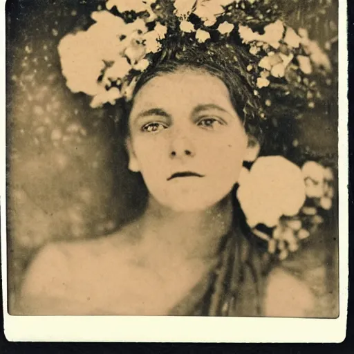 Image similar to portrait of a beautiful woman corpse covered in flowers, 1910 polaroid photography,