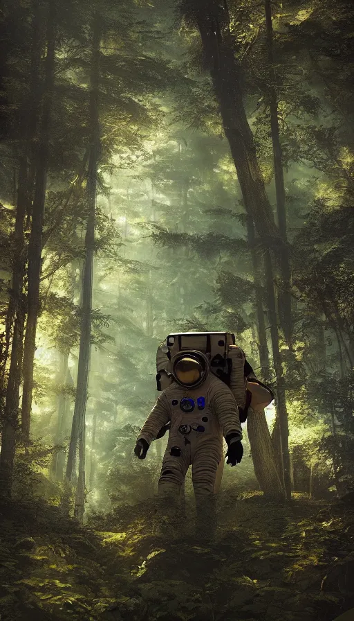 Image similar to american astronaut in the forest, plants environment, wide angle, cinematic lighting, atmospheric, realistic, octane render, highly detailed, in the style of craig mullins