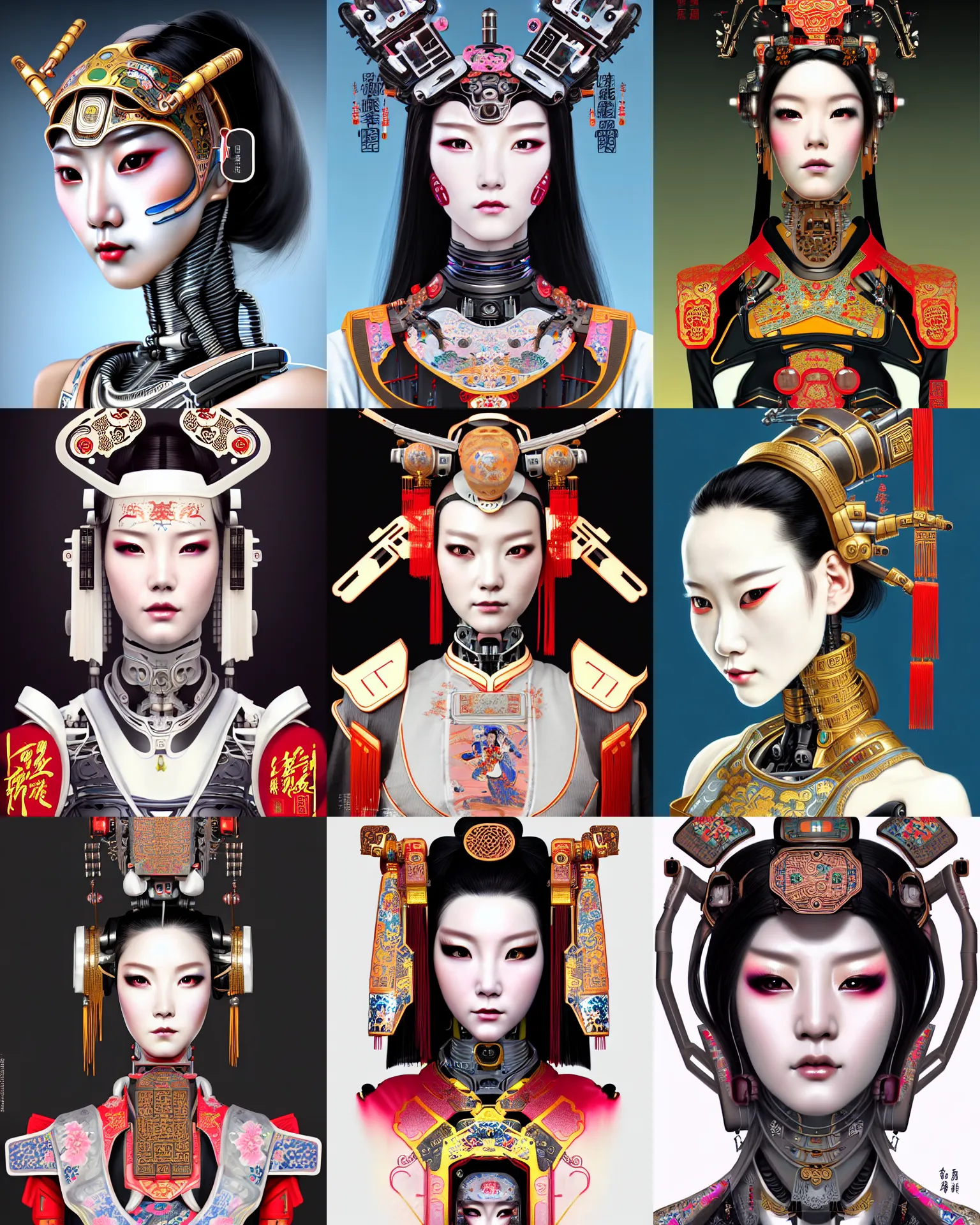 Image similar to upper half portrait of a female robot with machine head gear cyberpunk face accessories, decorated with chinese opera motifs, royal, fine china, wuxia, traditional chinese art intricate intense elegant highly detailed digital painting artstation concept art smooth sharp focus illustration, art by mike nash and artgerm and alphonse mucha and vania zouravliov, 8 k