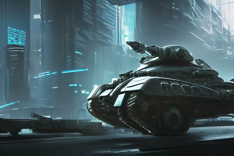 Image similar to cyberpunk alien concept inspired tank, futuristic look, highly detailed body, very powerful, photorealistic camera shot, bright studio setting, studio lighting, crisp quality and light reflections, unreal engine 5 quality render