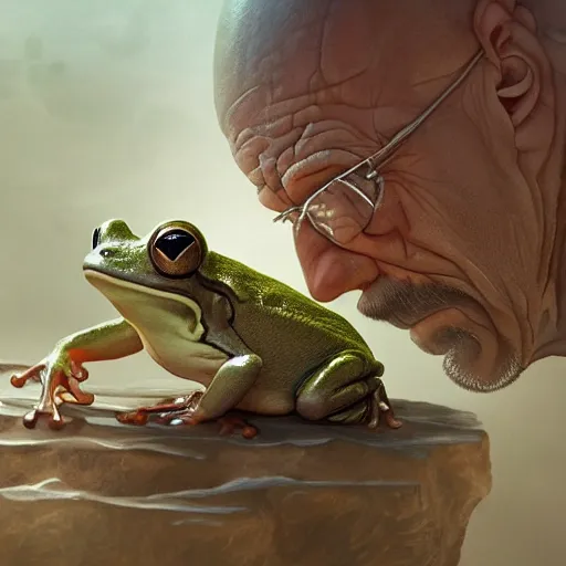 Image similar to a frog and walter white, intricate, highly detailed, digital painting, artstation, concept art, smooth, sharp focus, illustration, unreal engine 5, 8 k, art by artgerm and greg rutkowski and alphonse mucha