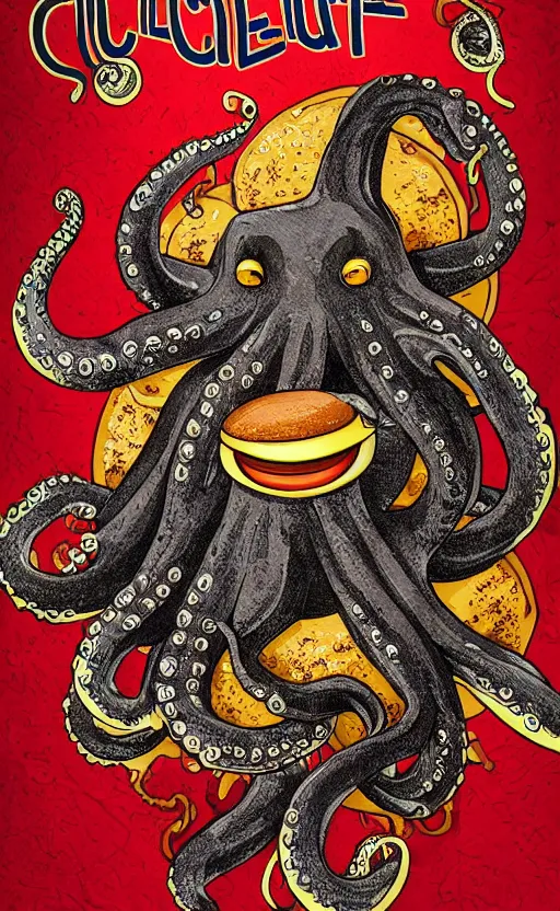 Prompt: highly detailed illustration of octopus eating a cheeseburger, concert poster, symmetrical, 8 k, trending, vintage