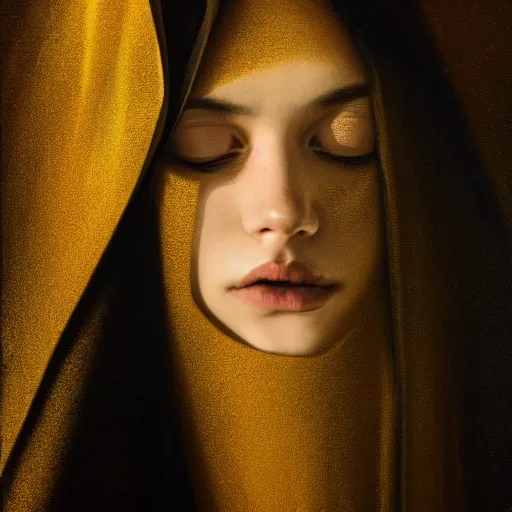 Prompt: a portrait of a young woman wearing a long dark cloak, hood and shadows covering face, anatomically correct, beautiful perfect face, enigmatic, oil painting, matte painting, black background, Volumetric Golden dappled dynamic lighting, Highly Detailed, Cinematic Lighting, Unreal Engine, 8k, HD, by Beksinski