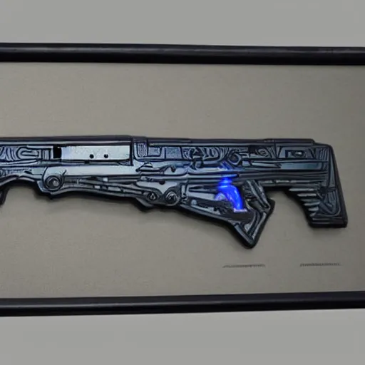 Prompt: plasma rifle with detailed engraving of an alien on the side, photograph