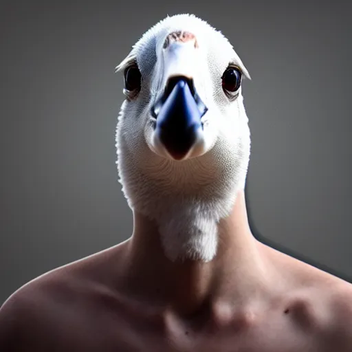 Prompt: Person with a goose head, 4k realistic photo