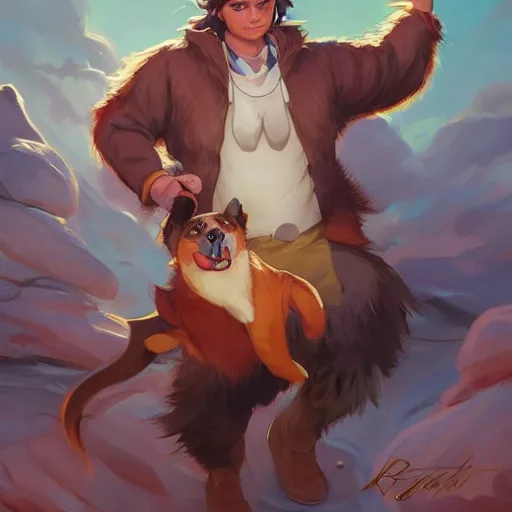 Prompt: an excited brown and tan finnish lapphund fanart ornate fantasy cover style official behance hd artstation by Jesper Ejsing, by RHADS, Makoto Shinkai and Lois van baarle, ilya kuvshinov, rossdraws pastel vibrant