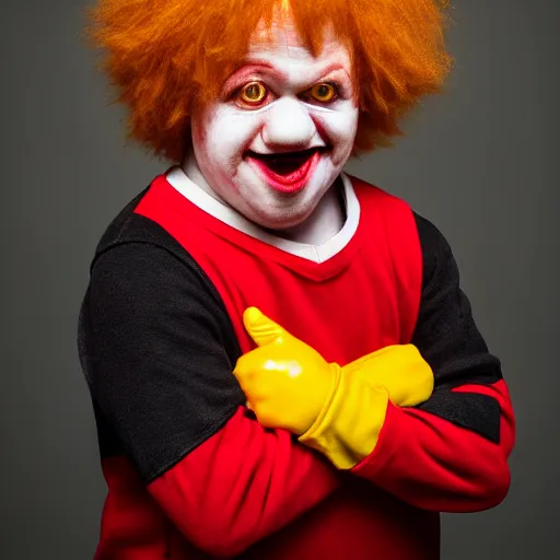 Prompt: portrait of down syndrome midget ronald mcdonald sharp focus, 4 k editorial photograph, soft lighting, black background