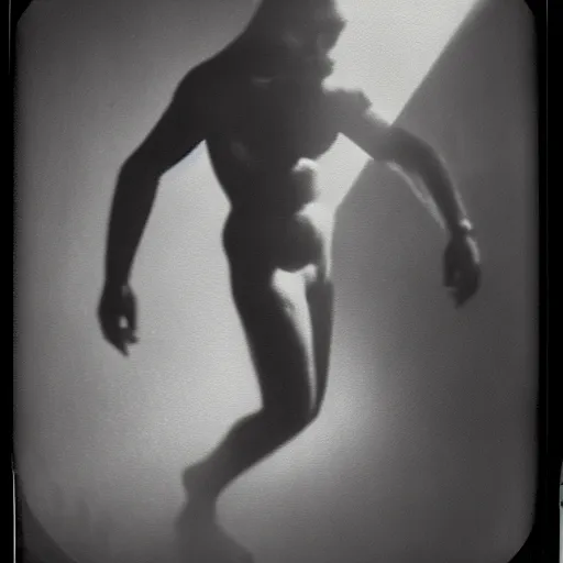 Prompt: wide angle, dark old polaroid of a ethereal humanoid creature, being illuminated by few sun rays, black and white