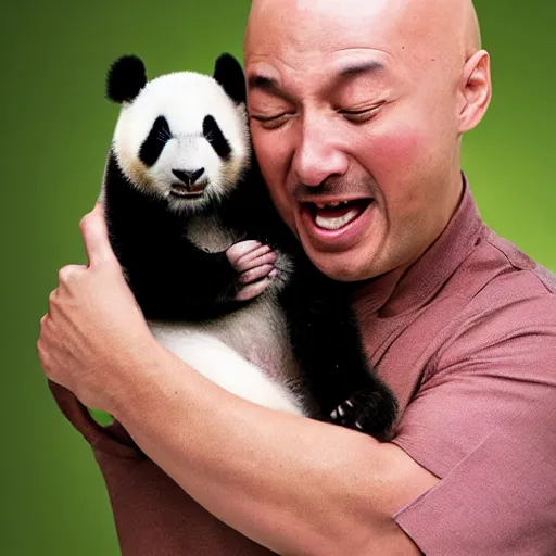 Prompt: a bald man holding back a sneeze with a baby panda on his shoulder, as seen on the cover of national geographic, ultra-detailed photograph, bokeh