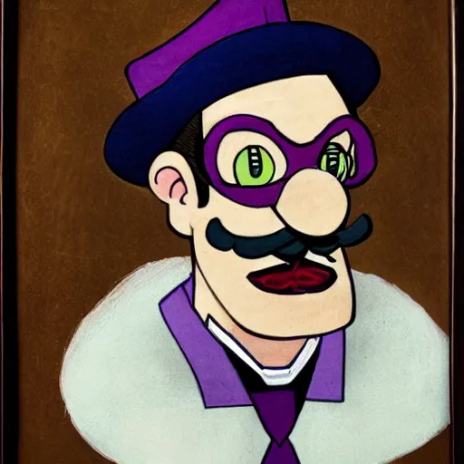 Image similar to waluigi as a mobster, tudor style portrait, highly detailed,