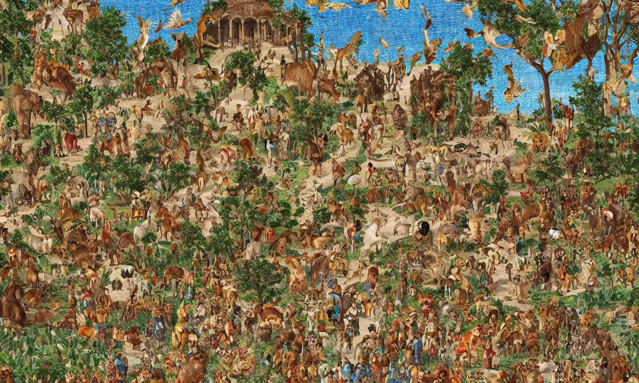 Prompt: Zoo animals within the garden of the great palace of Constantinople's mosaics, digital art, 3d, perfect lighting, natural, colourful