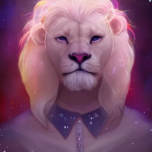 Image similar to aesthetic portrait commission of a albino male furry anthro lion wearing a cute holographic iridescent long sleeved silky reflective shirt outfit with bubble patterns and shapes, winter Atmosphere. Character design by charlie bowater, ross tran, artgerm, and makoto shinkai, detailed, inked, western comic book art, 2021 award winning painting