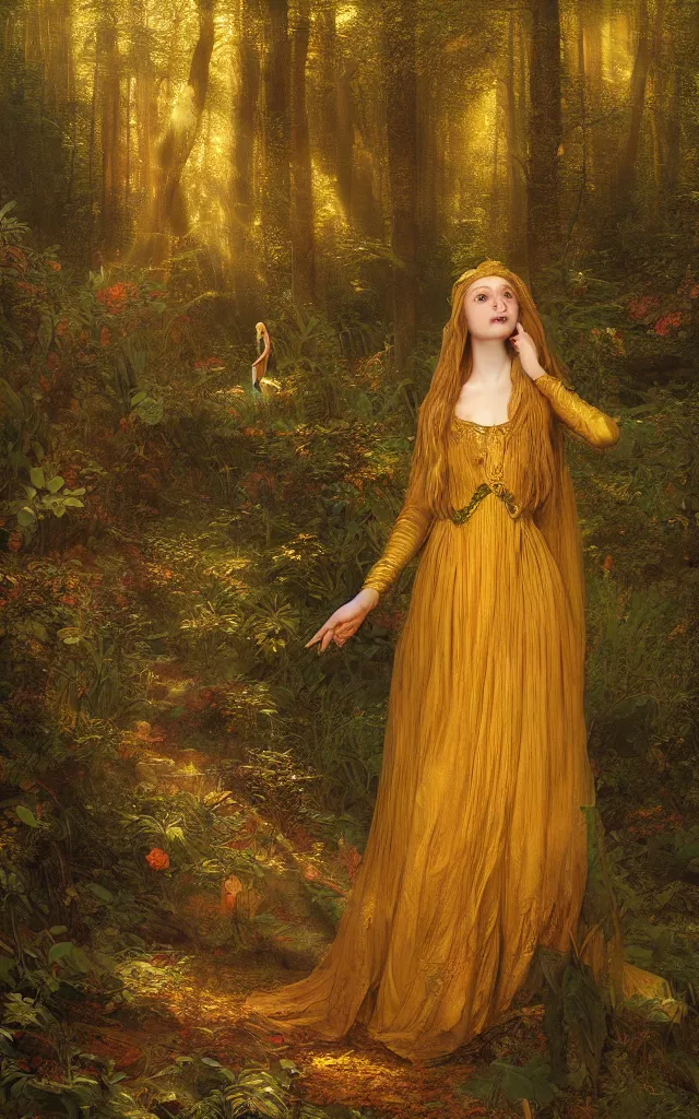 Prompt: a beautiful female elf in a golden dress, enchanted forest,, by pre - raphaelite brotherhood, fine art, warm color palette, crepuscular rays, rembrandt lighting, global illumination, insanely detailed and intricate, hypermaximalist, elegant, ornate, hyper realistic, super detailed, a sense of infinity and timelessness