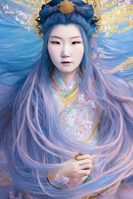 Image similar to breathtaking detailed soft painting of a samurai queen with long flowing blue hair, pastel flower petals flying, at dawn in front of a pristine golden art nouveau cathedral, elegant, volumetric lighting, highly detailed, artstation, concept art, matte, sharp focus, art by pilyeon, matcha art